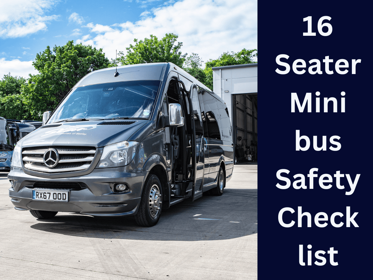 A silver Mercedes-Benz 16 seater minibus safety checklist with open door. .