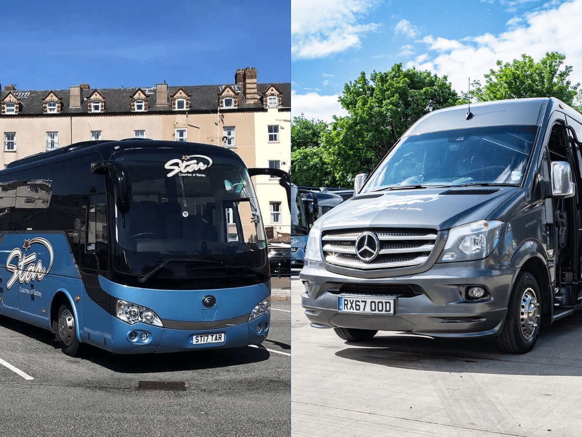 Blue coach and silver minibus labeled "Star Coaches of Batley" parked, representing "coach & minibus hire for day trips."