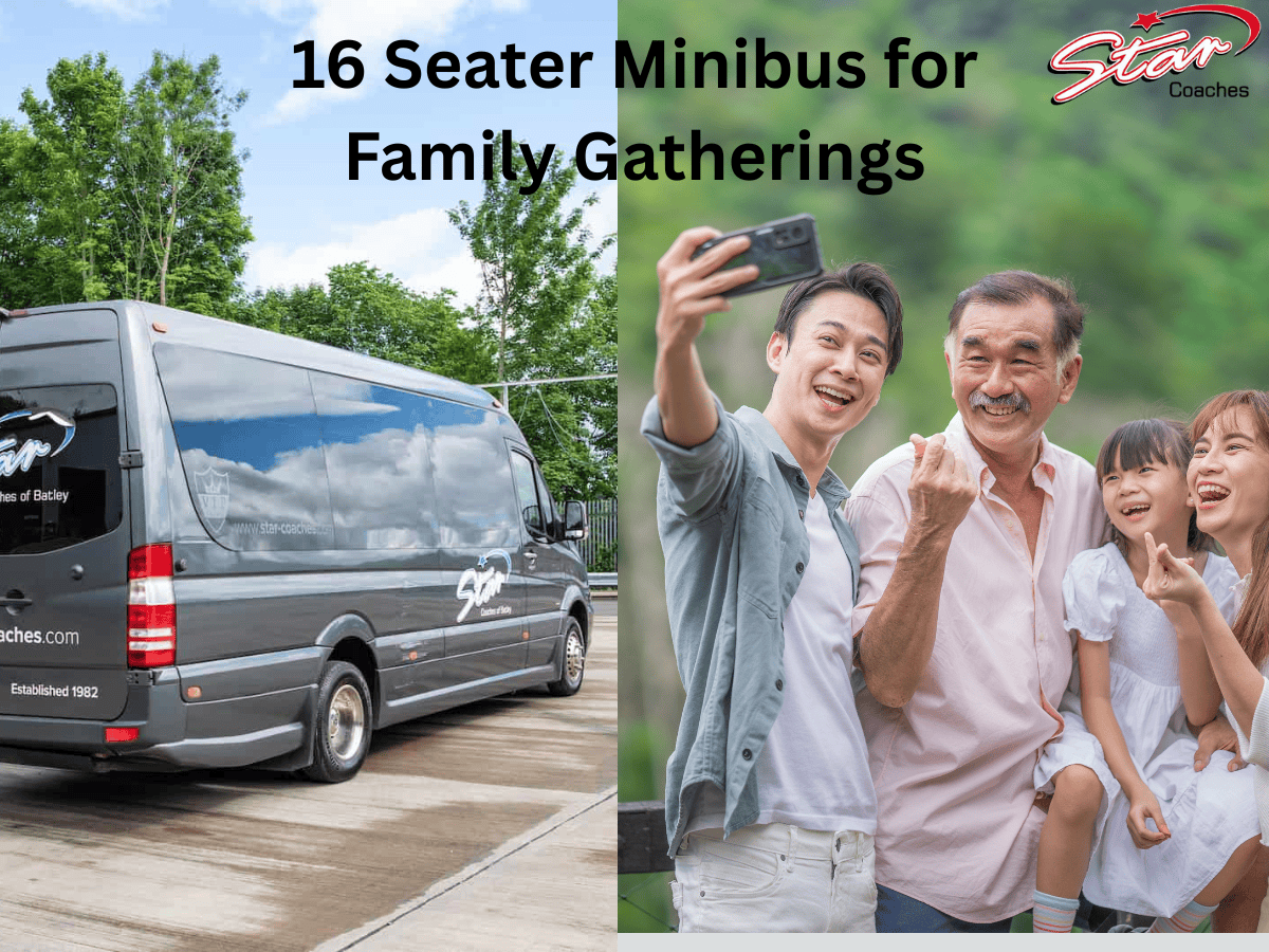 A grey minibus and a happy family taking a selfie with "16 Seater Minibus for Family Gatherings" text.