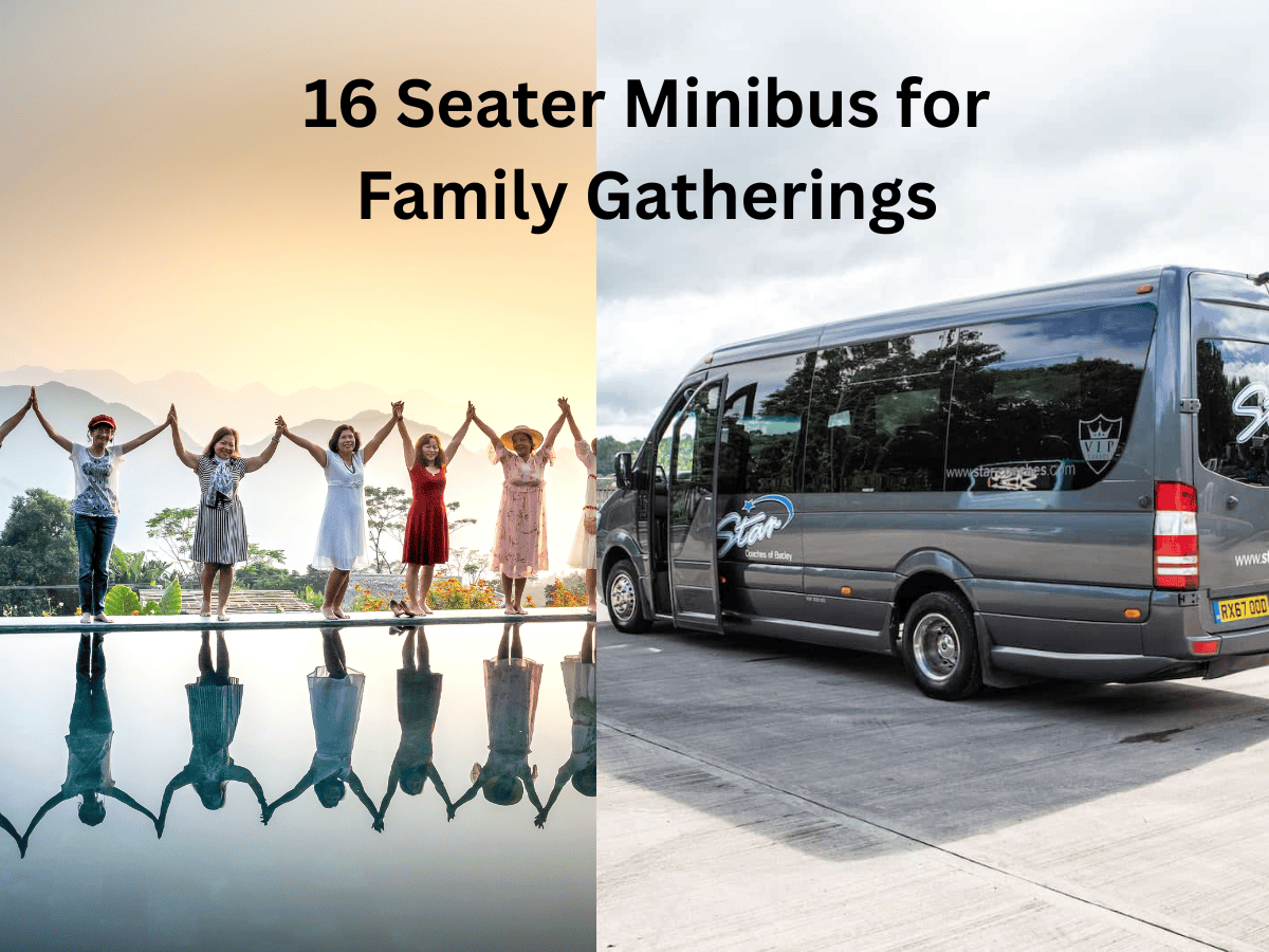 "16 Seater Minibus for Family Gatherings: People holding hands by water, next to a parked grey minibus."