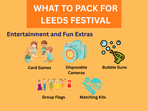 What to Pack for Leeds Festival – Entertainment and fun extras, including card games, disposable cameras, bubble guns, group flags, and matching kits.